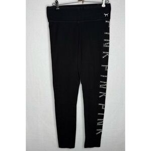 PINK Victoria's Secret Bling Logo Leggings Sz M Black Rhinestone Yoga Athletic‎